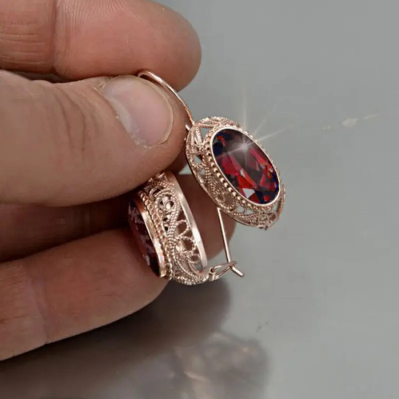 Huitan Oval Red/Blue Cubic Zircon Drop Earrings for Women Rose Gold Color Aesthetic Hollow Pattern Vintage Elegant Lady Jewelry