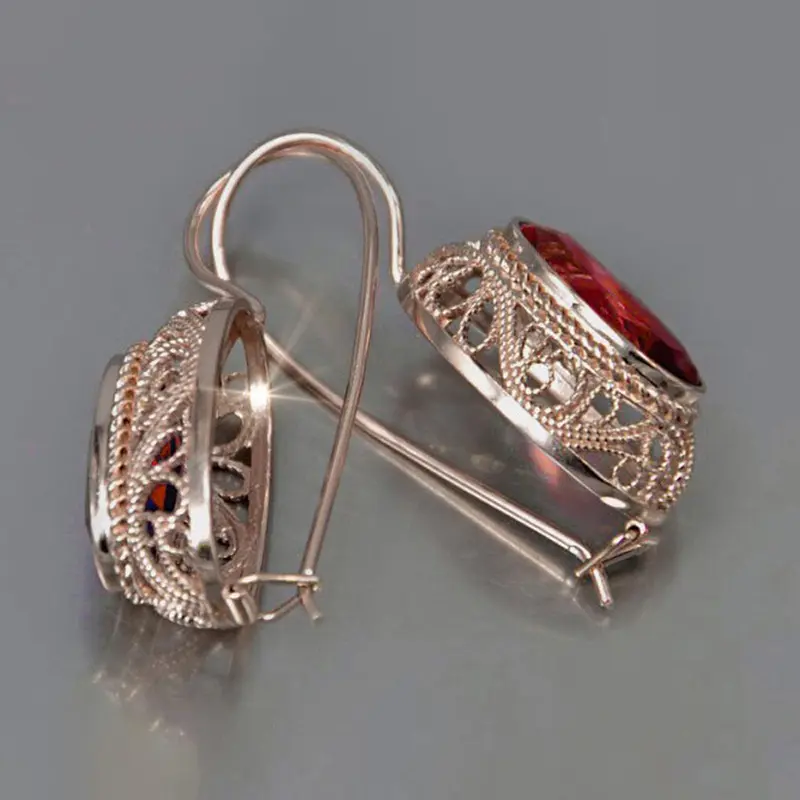 Huitan Oval Red/Blue Cubic Zircon Drop Earrings for Women Rose Gold Color Aesthetic Hollow Pattern Vintage Elegant Lady Jewelry