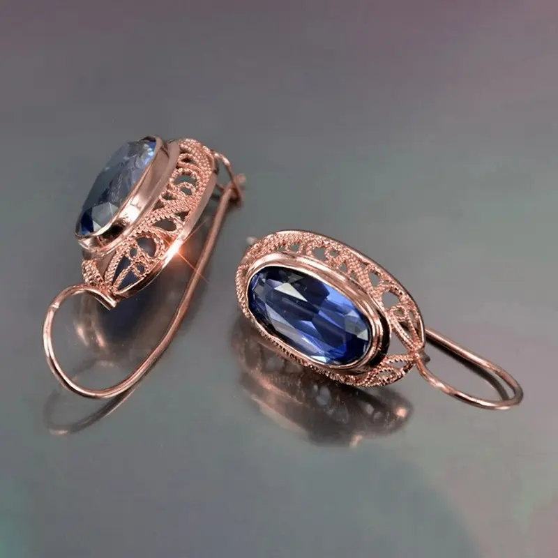 Huitan Oval Red/Blue Cubic Zircon Drop Earrings for Women Rose Gold Color Aesthetic Hollow Pattern Vintage Elegant Lady Jewelry