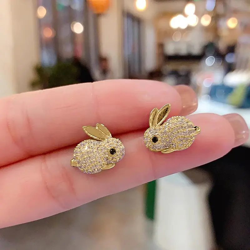 Huitan Cute Rabbit Stud Earrings for Girls Bling Bling Crystal CZ Exquisite Female Earrings Daily Wear Party Statement Jewelry