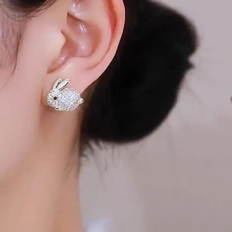 Huitan Cute Rabbit Stud Earrings for Girls Bling Bling Crystal CZ Exquisite Female Earrings Daily Wear Party Statement Jewelry