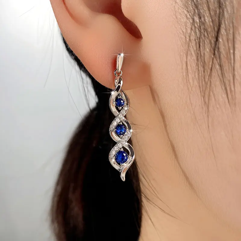 Huitan Newly Designed Women's Earrings for Wedding Accessories Fancy Twist Earrings with Blue Cubic Zirconia Temperament Jewelry