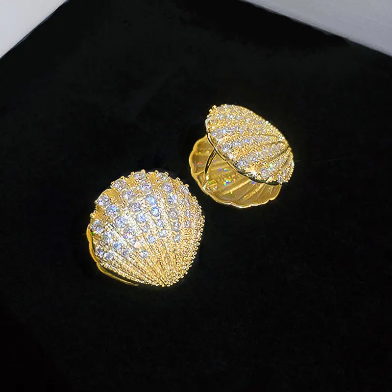 Huitan Creative Shell Earrings for Women Full Sparkling Cubic Zirconia Gold Color Luxury Female Accessories Party Trendy Jewelry
