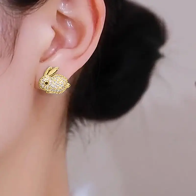 Huitan Cute Rabbit Stud Earrings for Girls Bling Bling Crystal CZ Exquisite Female Earrings Daily Wear Party Statement Jewelry