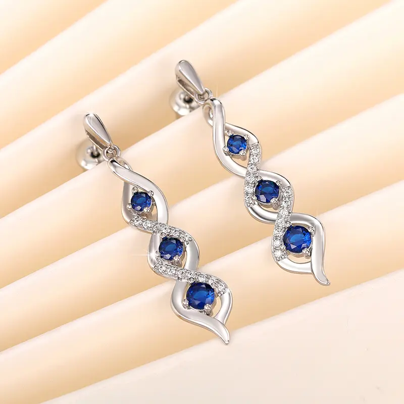 Huitan Newly Designed Women's Earrings for Wedding Accessories Fancy Twist Earrings with Blue Cubic Zirconia Temperament Jewelry
