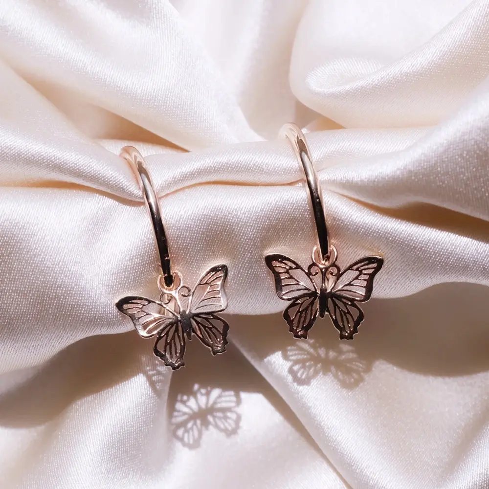Huitan Delicate Rose Gold Color Butterfly Women Drop Earring Cute Bow Hoop Wedding Dancing Party Daily Wear New Trendy Jewelry
