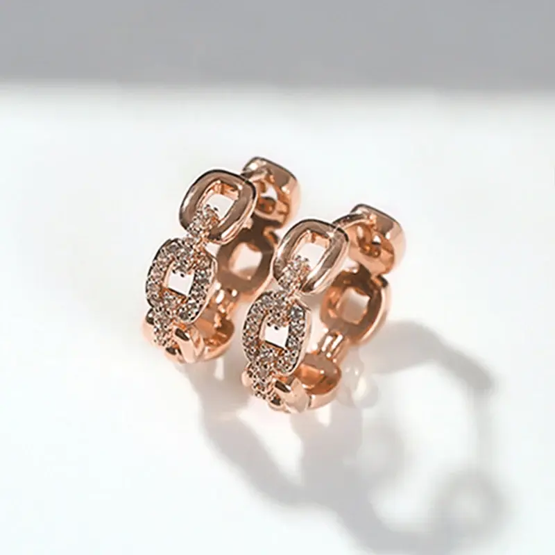 Huitan Chic Unique Chain Link Designed Female Hoop Earrings Shiny CZ Rose Gold Color Earrings Trendy Dainty Engagement Jewelry