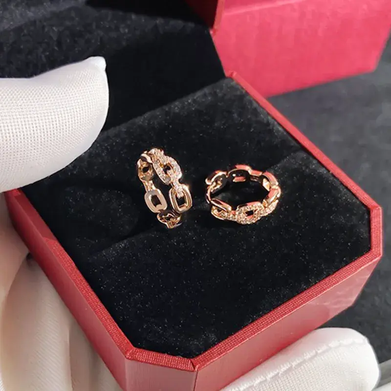 Huitan Chic Unique Chain Link Designed Female Hoop Earrings Shiny CZ Rose Gold Color Earrings Trendy Dainty Engagement Jewelry