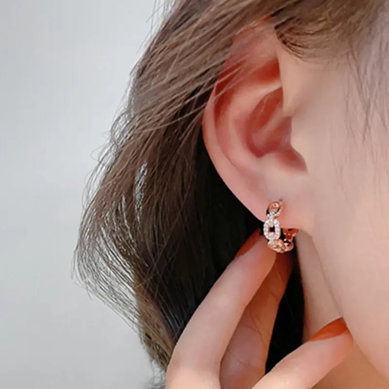 Huitan Chic Unique Chain Link Designed Female Hoop Earrings Shiny CZ Rose Gold Color Earrings Trendy Dainty Engagement Jewelry