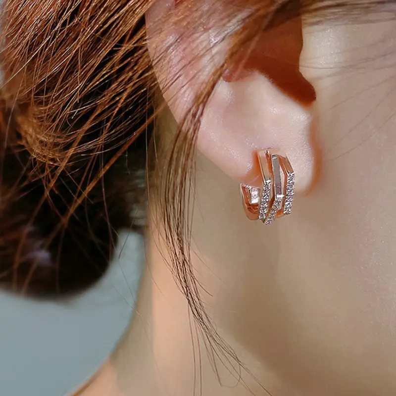 Huitan Rose Gold Color Hoop Earrings Geometric Shaped Cubic Zirconia Earrings for Women Temperament Accessories Trendy Jewelry