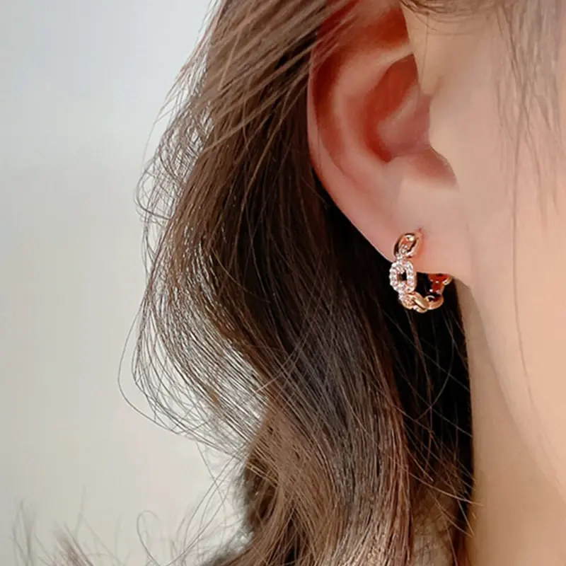 Huitan Chic Unique Chain Link Designed Female Hoop Earrings Shiny CZ Rose Gold Color Earrings Trendy Dainty Engagement Jewelry