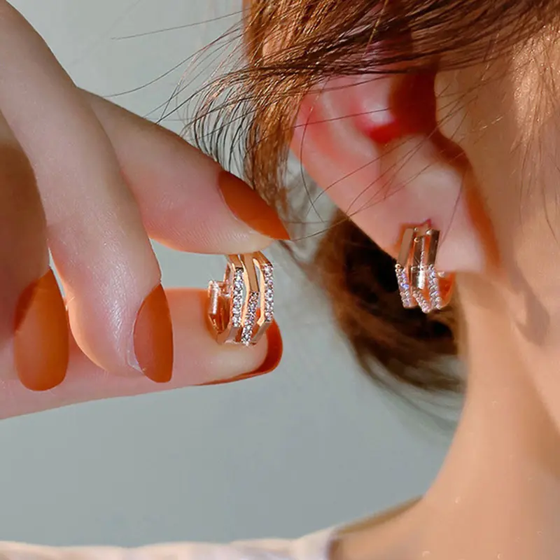Huitan Rose Gold Color Hoop Earrings Geometric Shaped Cubic Zirconia Earrings for Women Temperament Accessories Trendy Jewelry