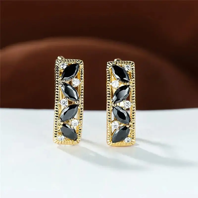 Huitan New Women Hoop Earrings with Marquise Black Cubic Zirconia Luxury Gold Color Earrings Wedding Temperament Lady Jewelry