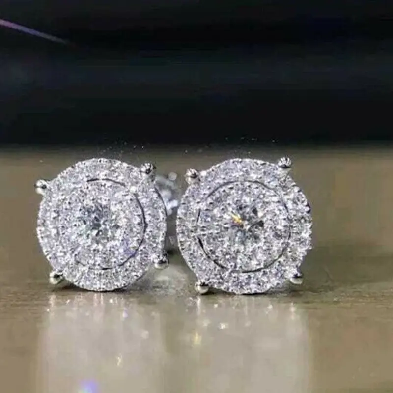 Huitan Dazzling Round Shape Stud Wedding Earrings for Women Full Cubic Zirconia Bling Female Earring High Quality Trendy Jewelry