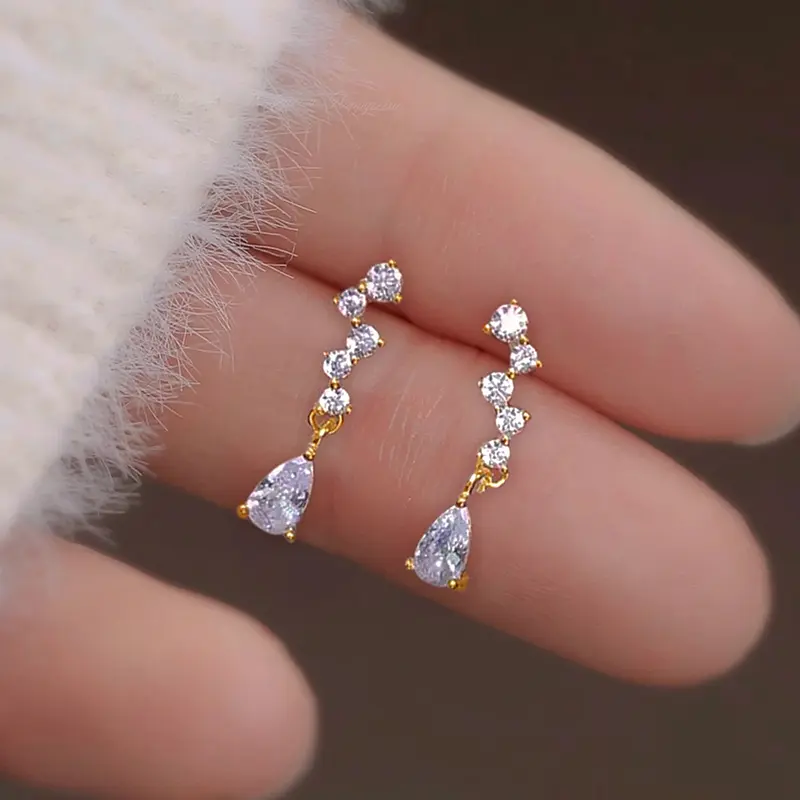 Huitan Fresh Women Dangle Earrings with Waterdrop Cubic Zirconia Gold Color Aesthetic Female Earrings Fashion Versatile Jewelry