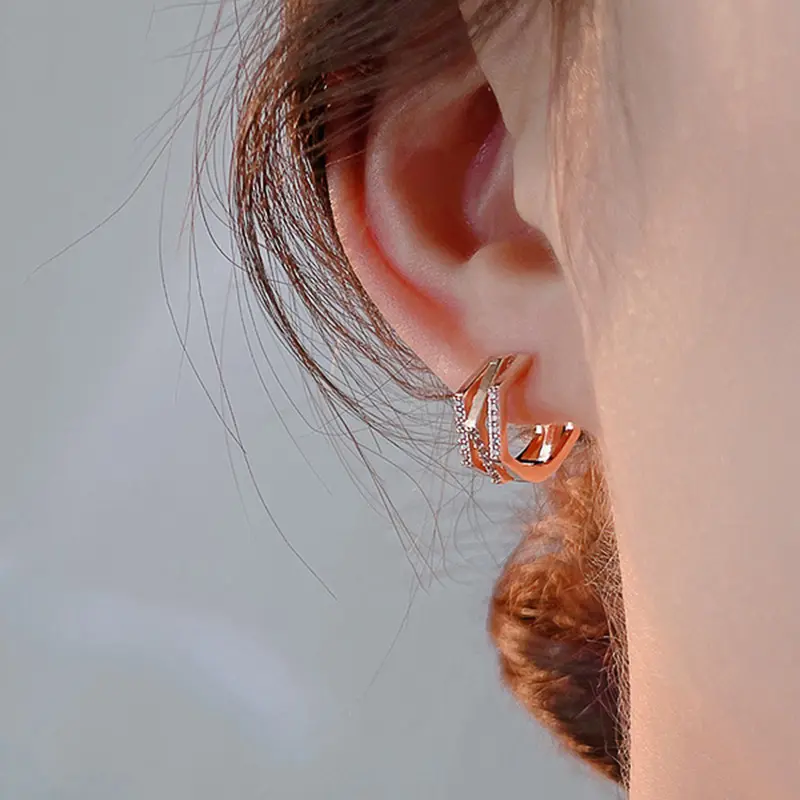 Huitan Rose Gold Color Hoop Earrings Geometric Shaped Cubic Zirconia Earrings for Women Temperament Accessories Trendy Jewelry