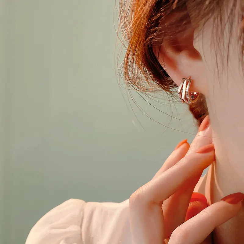 Huitan Rose Gold Color Hoop Earrings Geometric Shaped Cubic Zirconia Earrings for Women Temperament Accessories Trendy Jewelry