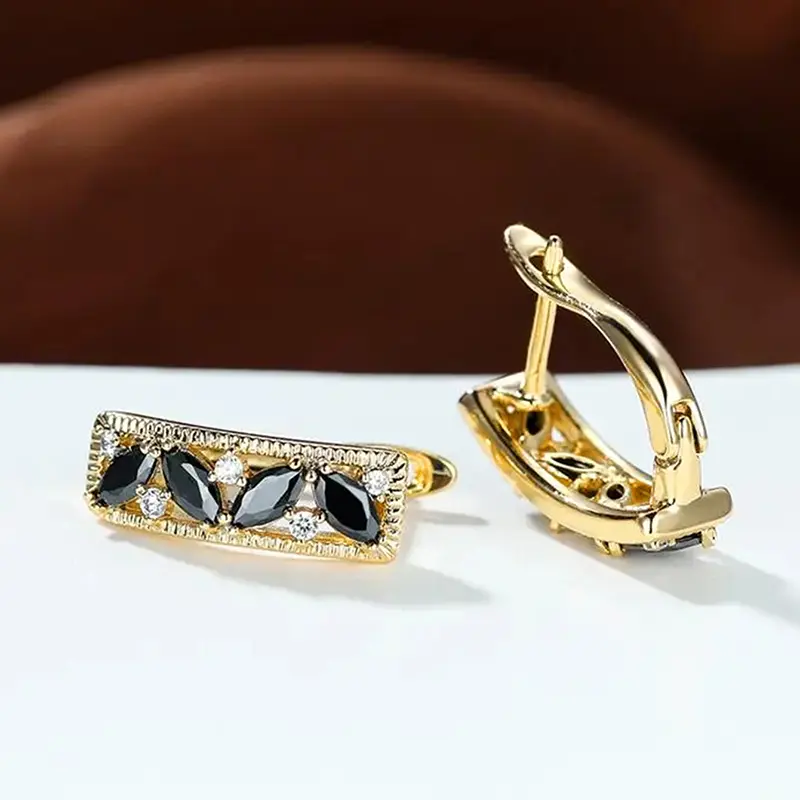 Huitan New Women Hoop Earrings with Marquise Black Cubic Zirconia Luxury Gold Color Earrings Wedding Temperament Lady Jewelry