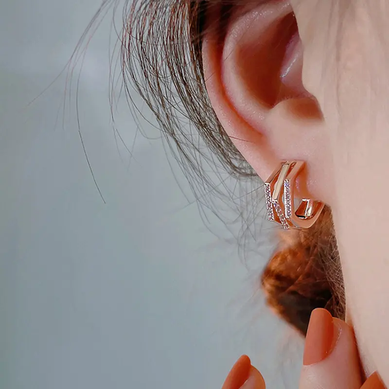 Huitan Rose Gold Color Hoop Earrings Geometric Shaped Cubic Zirconia Earrings for Women Temperament Accessories Trendy Jewelry