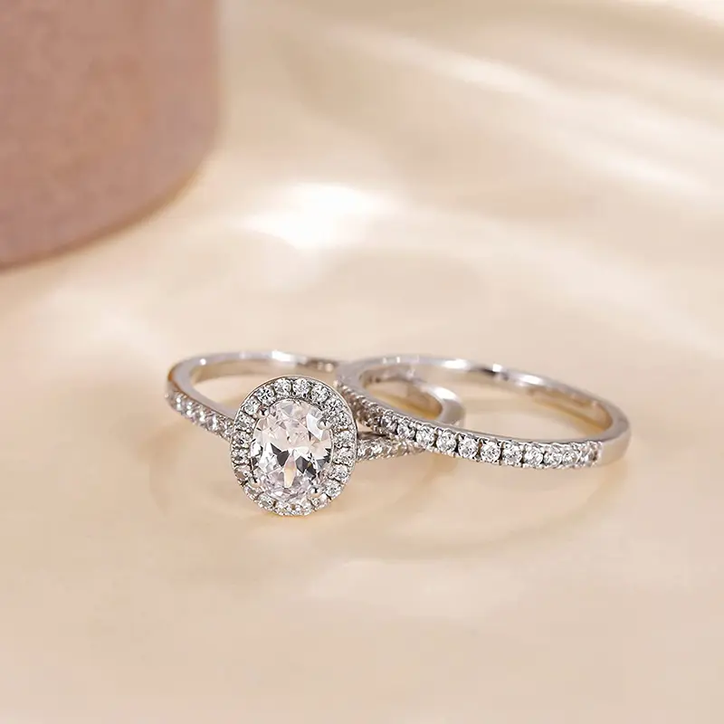 Huitan AA Crystal Cubic Zirconia 2Pcs Women Rings Luxury Silver Color Wedding Accessories Temperament Elegant Female Jewelry
