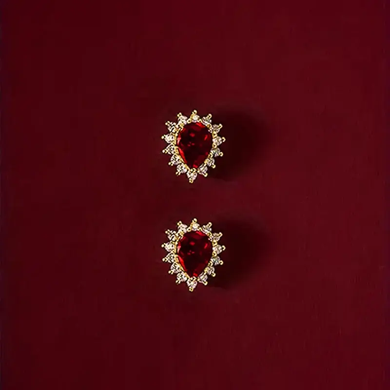 Huitan Dazzling Red Cubic Zirconia Stud Earrings for Women Dainty Novel Anniversary Ceremony Jewelry Lady Elegant Ear Accessory