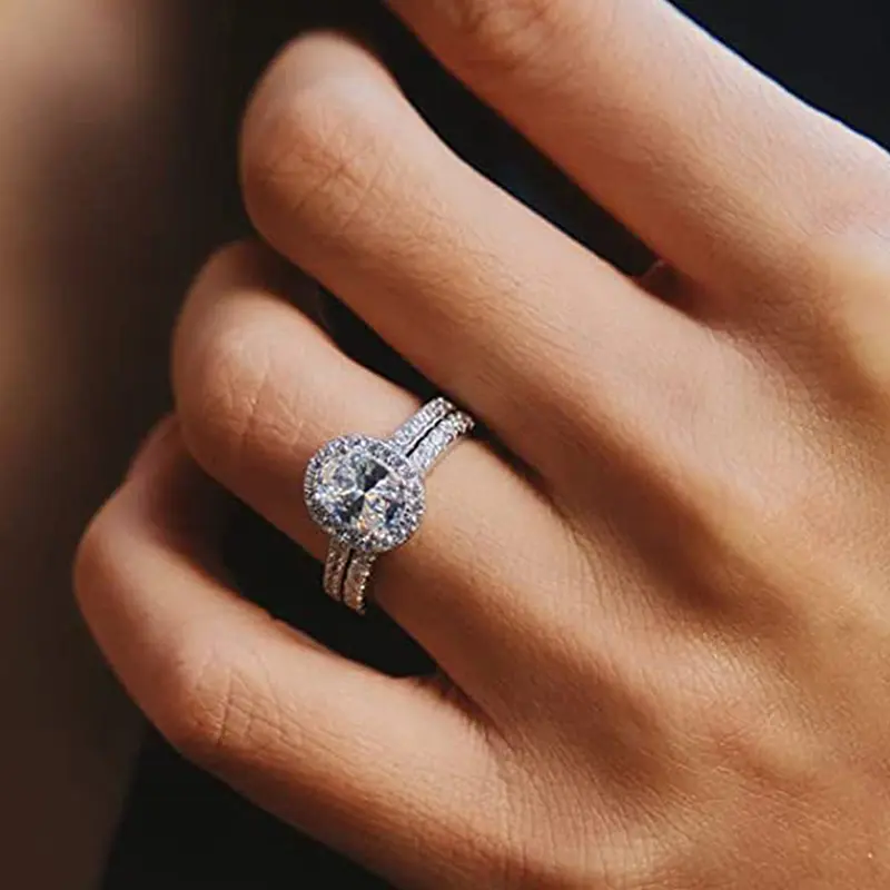 Huitan AA Crystal Cubic Zirconia 2Pcs Women Rings Luxury Silver Color Wedding Accessories Temperament Elegant Female Jewelry