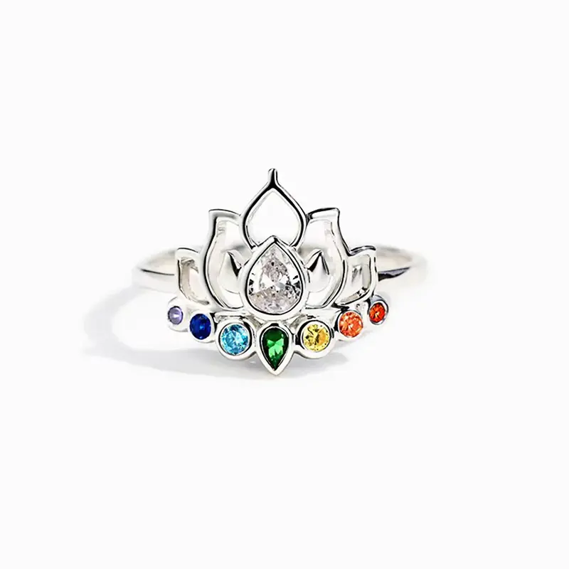 Huitan Lotus Rings with Colorful CZ New Trendy Accessories for Women Daily Wear Party Aesthetic Flower Rings Statement Jewelry