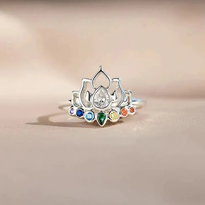 Huitan Lotus Rings with Colorful CZ New Trendy Accessories for Women Daily Wear Party Aesthetic Flower Rings Statement Jewelry