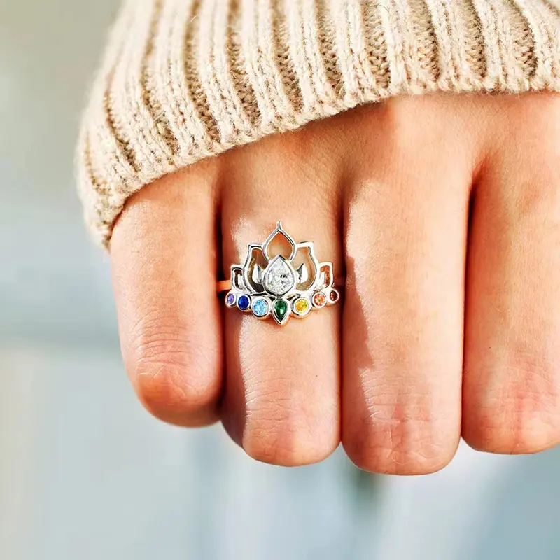 Huitan Lotus Rings with Colorful CZ New Trendy Accessories for Women Daily Wear Party Aesthetic Flower Rings Statement Jewelry