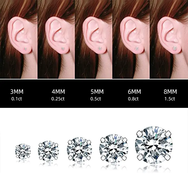 Huitan Hot Simple Stud Earrings for Women 3mm/4mm/5mm/6mm/8mm Round CZ Stone Silver Color Ear Piercing Earrings Trendy Jewelry