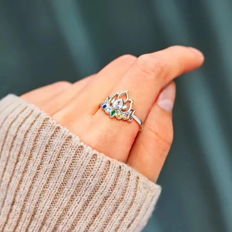 Huitan Lotus Rings with Colorful CZ New Trendy Accessories for Women Daily Wear Party Aesthetic Flower Rings Statement Jewelry
