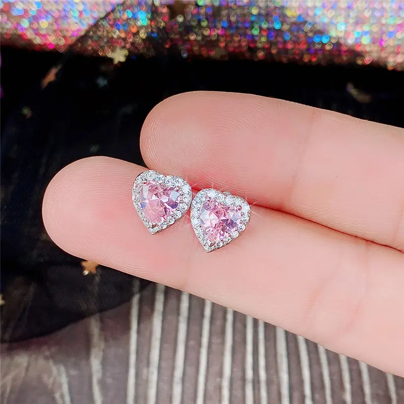 Huitan Pink Crystal CZ Heart Stud Earrings for Women Romantic Ear Accessories Love Earrings Dainty Birthday Gift Fashion Jewelry