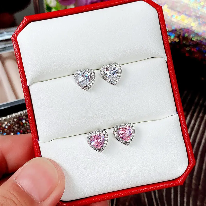 Huitan Pink Crystal CZ Heart Stud Earrings for Women Romantic Ear Accessories Love Earrings Dainty Birthday Gift Fashion Jewelry