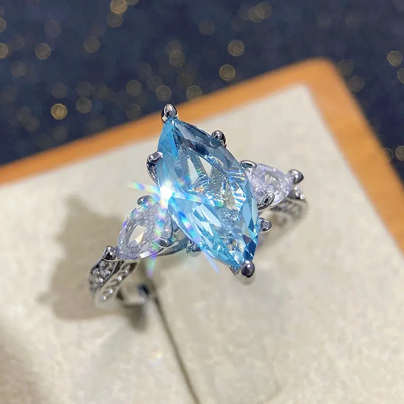 Huitan Simple Sky Blue Marquise Stone Rings for Women Exquisite Wedding Party Finger Accessories Eternity Jewelry Drop Shipping