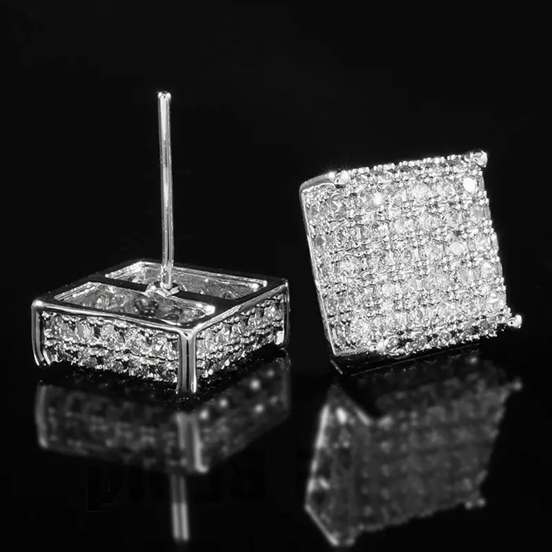 Huitan Women Men Stud Earrings Classic Square Shaped Ear Stud Piercing Sparkling Cubic Zirconia Daily Wearable Versatile Jewelry