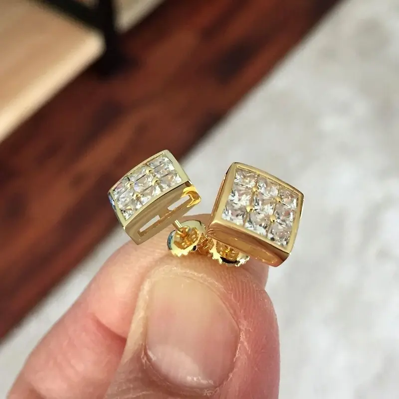 Huitan Luxury Gold Color Square Stud Earrings Women Ear Piercing with CZ Stone Simple Stylish Girl Cool Earrings Hip Hop Jewelry