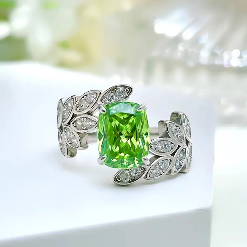 Huitan Light Green CZ Feather Design Women Rings Novel Bridal Wedding Rings Anniversary Party Female Accessories Fashion Jewelry