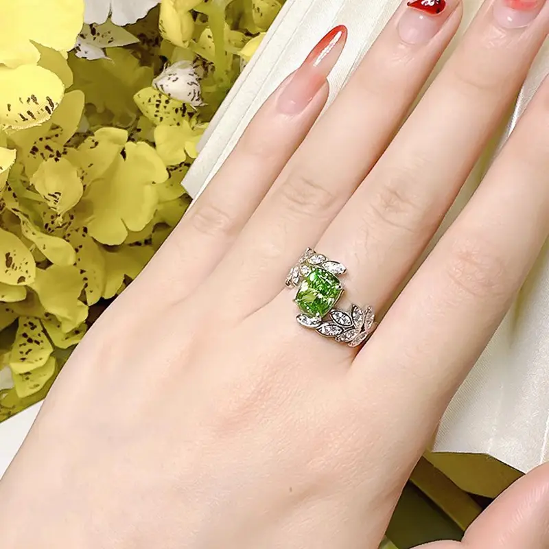 Huitan Light Green CZ Feather Design Women Rings Novel Bridal Wedding Rings Anniversary Party Female Accessories Fashion Jewelry