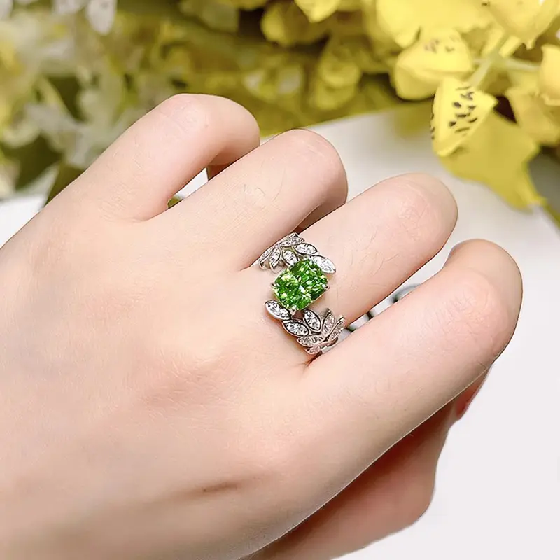 Huitan Light Green CZ Feather Design Women Rings Novel Bridal Wedding Rings Anniversary Party Female Accessories Fashion Jewelry