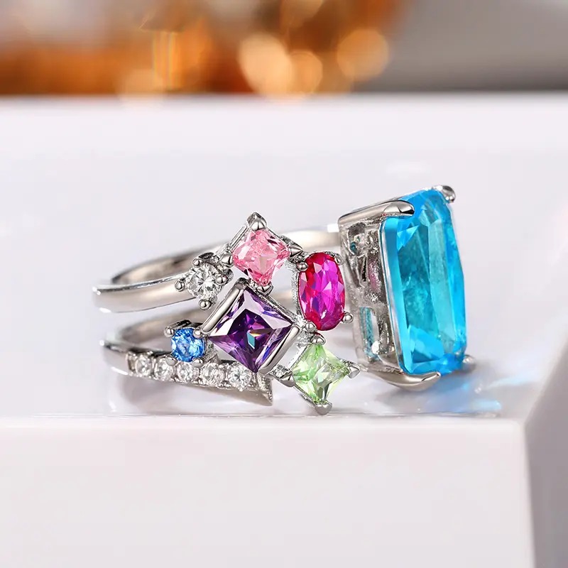Huitan Geometric Colorful CZ Women Rings 2023 Bright Bridal Rings for Wedding Party One Size Opening Resizable Fashion Jewelry