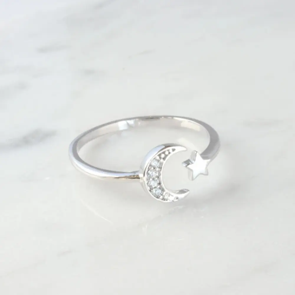Huitan Fancy Finger-ring for Women Silver Color Band Star and Moon Design Adjustable Opening Rings Daily Wear Fashion Jewelry