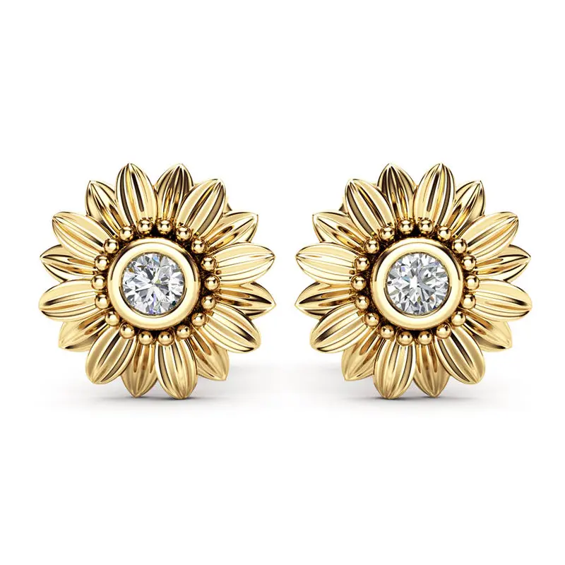 Huitan Sunflower Stud Earrings For Girl New Trendy Romantic Design Birthday New Year Gift For Women Crystal Stone Earrngs Hot