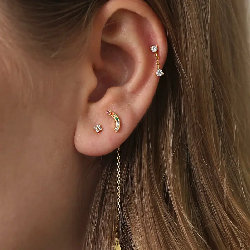 Huitan Korean Style Flower Stud Earrings Women Gold Color White Cubic Zirconia Small Fresh Girls Fashion Accessories Hot Jewelry