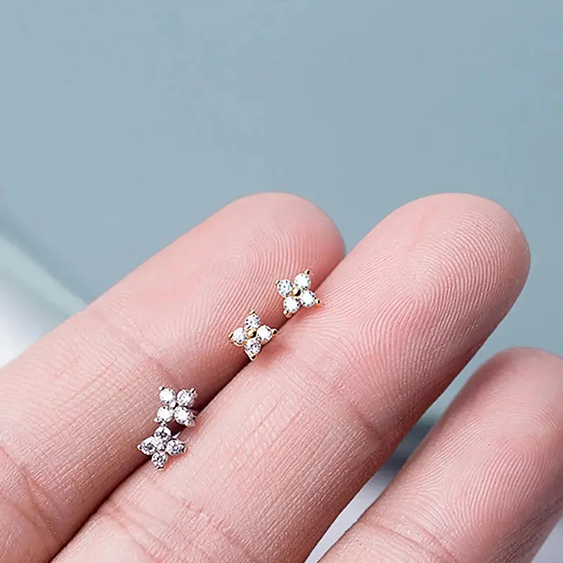 Huitan Korean Style Flower Stud Earrings Women Gold Color White Cubic Zirconia Small Fresh Girls Fashion Accessories Hot Jewelry