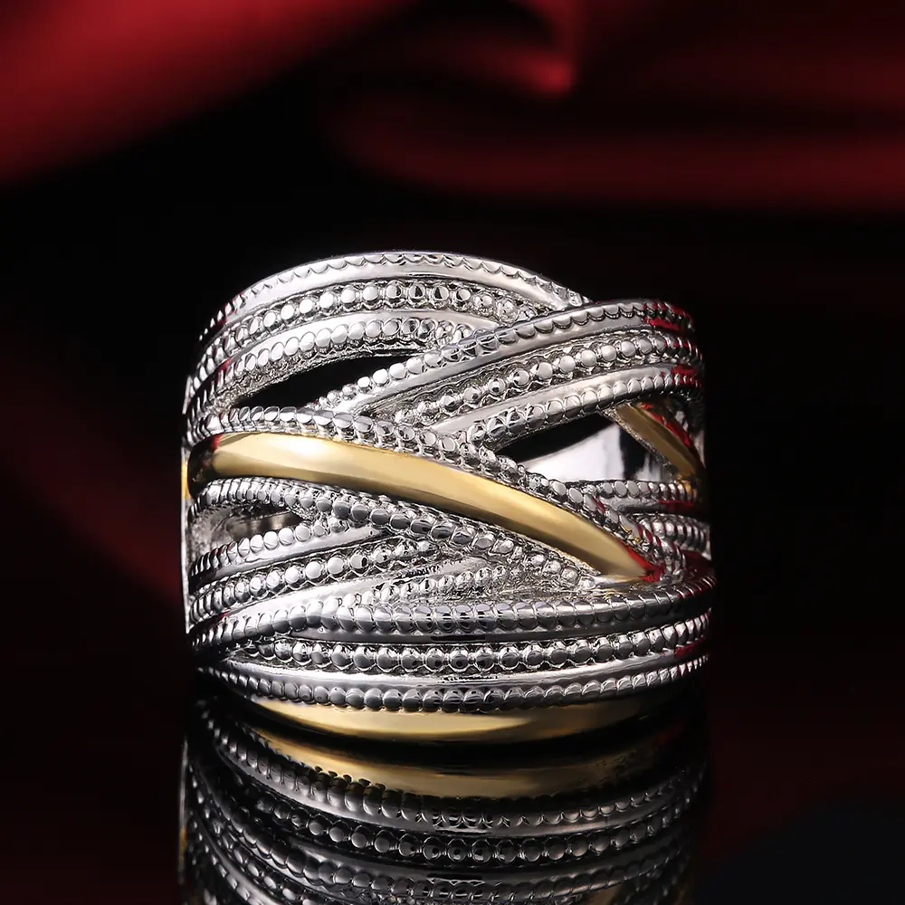 Huitan Personality Big Intersect Metallic OL Style Silver Color Gold Color Mix Office Lady Finger Rings Fashion Rings Jewelry