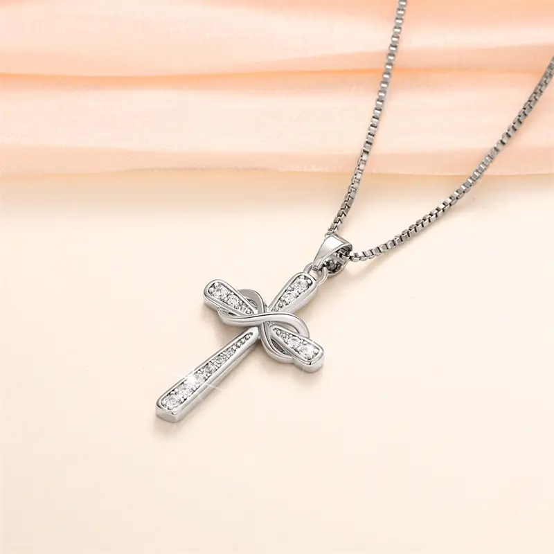 Huitan Infinity Cross Pendant Necklace for Women Silver Color Romantic Neck Accessories Bridal Wedding Trendy Love Jewelry Gift