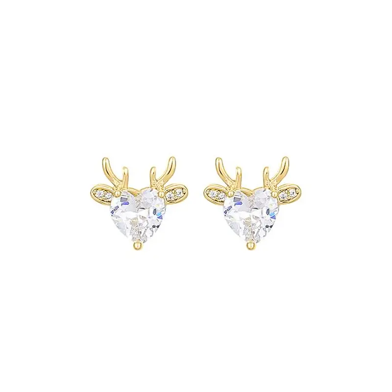 Huitan Cute Girls Elk Stud Earrings with Bright Heart Zirconia Graceful Gold Color Christmas Accessories Delicate Party Jewelry