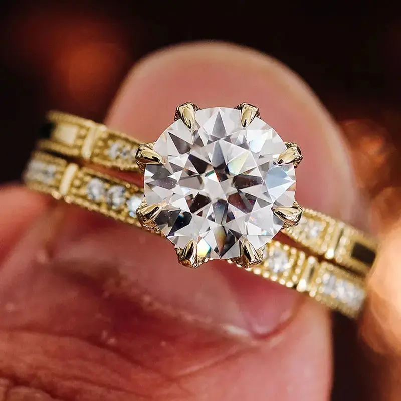 Huitan Graceful  2Pcs Set Rings for Women Bridal Wedding Accessories with Brilliant Zirconia Luxury Gold Color Finger Jewelry