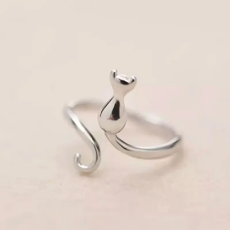 Huitan Silver Color Cat Ring for Women Opening Resizable Animal Rings Simple Stylish Girls Accessories Fashion Versatile Jewelry
