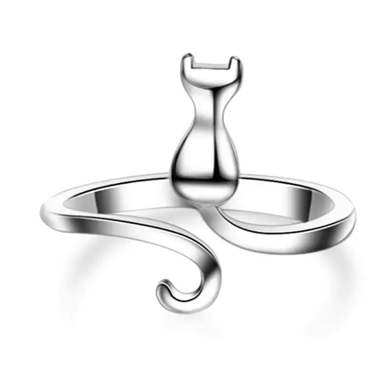 Huitan Silver Color Cat Ring for Women Opening Resizable Animal Rings Simple Stylish Girls Accessories Fashion Versatile Jewelry